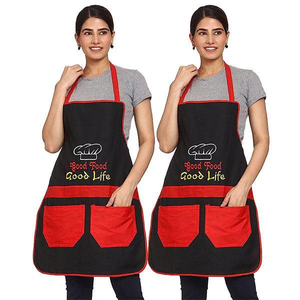 Black Red Customized Polyester Fabric Dual Pocket Embroidered Waterproof Apron for Kitchen (Set of 2 Aprons)