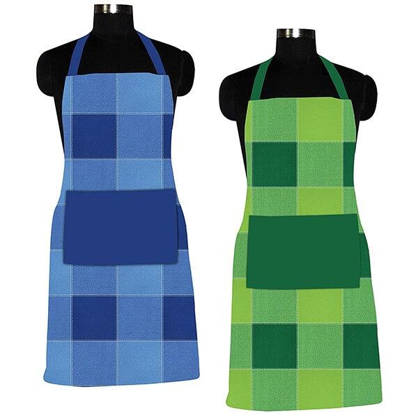 Blue Green Customized 100% Cotton Checkered Pattern Free Sized Apron (Pack of 2)