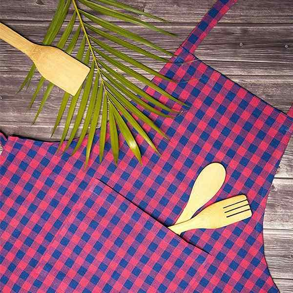 Pink and Blue Check Customized Apron with Front Center Pocket with 2 Long Ties on Both Sides