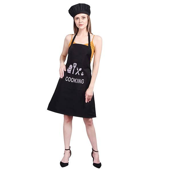 Black Customized Polyester Printed Free Size Cooking Kitchen waterproof Apron With Cap