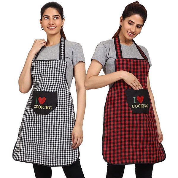 Black Red Customized Cotton Checkered Design Waterproof Apron with Pocket (Pack of 2)