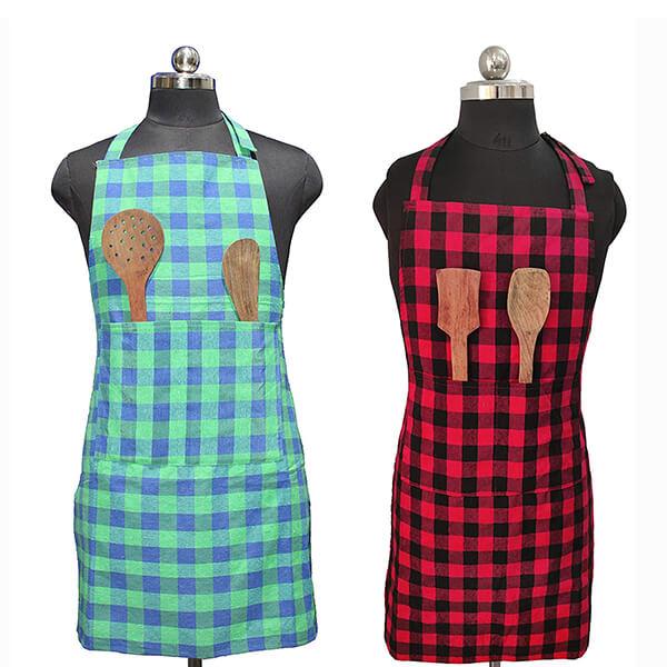 Check Designed Customized Unisex Apron with 2 Front Pockets and Adjustable Neck Strap (Pack Of 2)
