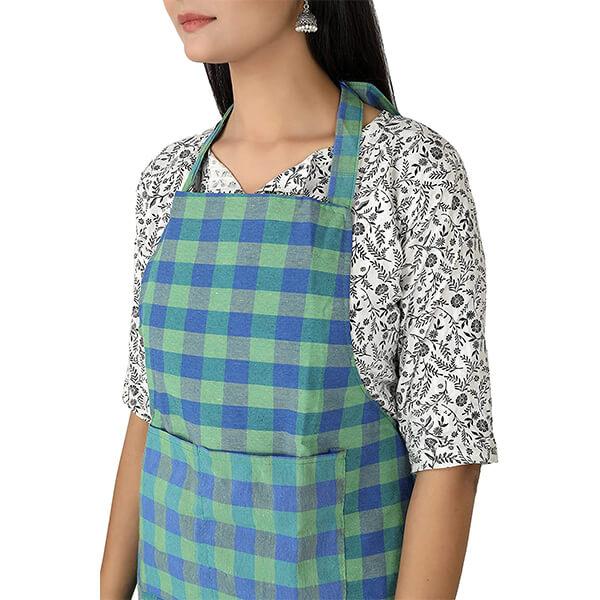 Green Customized Waterproof Unisex Kitchen Checkered Design Apron with 2 Front Pockets, Adjustable Strap