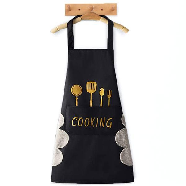 Black Customized  Kitchen Apron with Front Pocket and Side Coral Velvet for Wiping Hands, Towel PVC Waterproof Unique Design