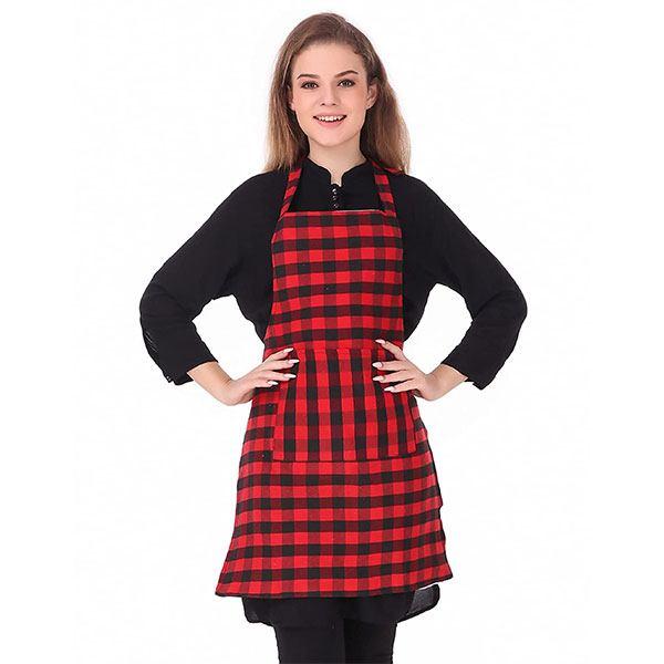 Red Customized Apron with Center Pocket and Adjustable Neck Metal