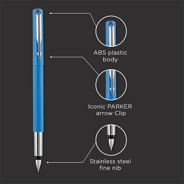 Standard Blue Customized Parker Vector Fountain Pen, Chrome Trim, Fine Nib with 3 Free Ink Cart