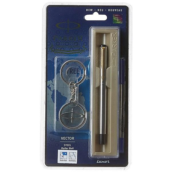 Stainless Steel Customized Parker Vector Gold Trim Roller Ball Pen with Key Chain