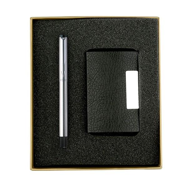 Silver Customized Parker Vector Chrome Trim Roller Ball Pen with Card Holder (Stainless Steel) 2 Piece Set