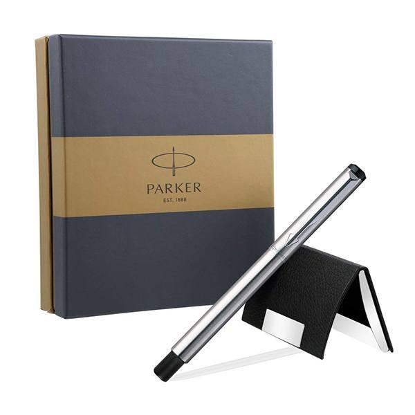 Silver Customized Parker Vector Chrome Trim Roller Ball Pen with Card Holder (Stainless Steel) 2 Piece Set
