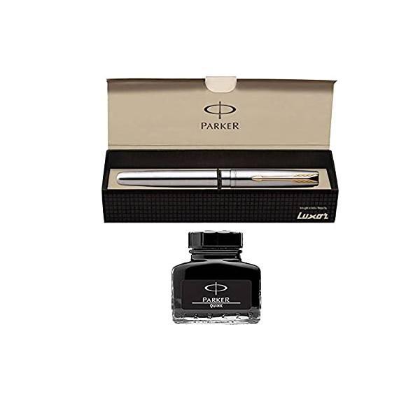 Stainless Steel Customized Parker Frontier GT Fountain Pen + Quick Ink Bottle - Black (30ML)