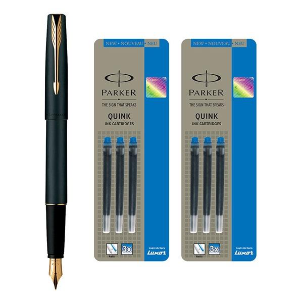 Matte Black Customized Parker Frontier GT Fountain Pen + Quick Ink Cartridge - Blue (Pack of 6)