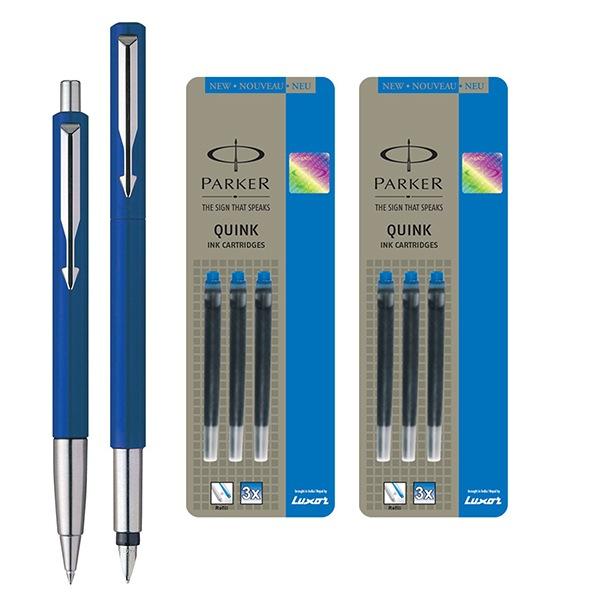Blue Customized Parker Vector Standard Sets Fountain Pen + Ball Pen - Blue + Quick Ink Cartridge - Blue (Pack of 6)