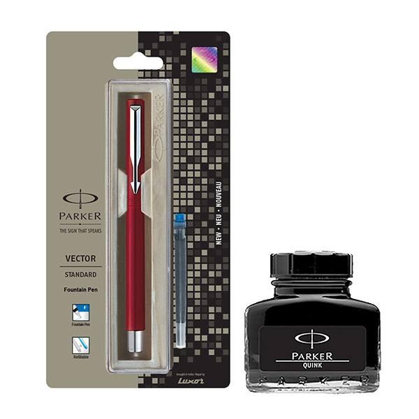 Red Customized Parker Vector Standard CT Fountain Pen + Ink Bottle - Black (30ML)