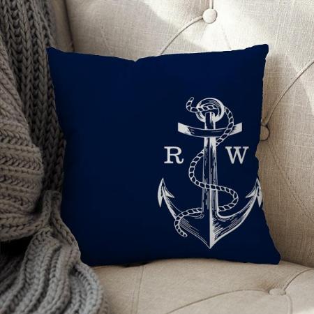 Navy Blue Ship Nautical Anchor & Rope Monogram Customized Photo Printed Cushion