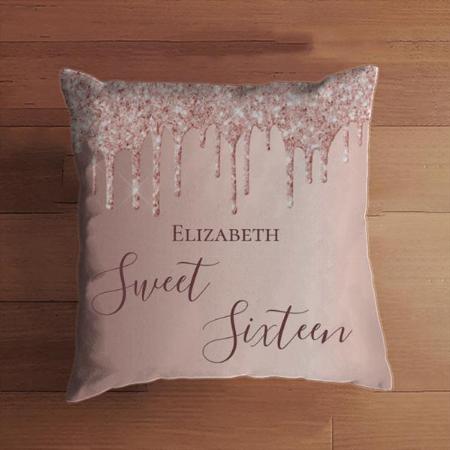 Sweet 16th sixteen teen girl 16 rose gold glitter Customized Photo Printed Cushion