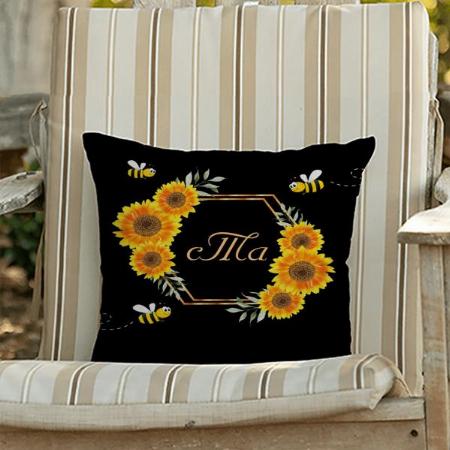 Happy bumble bees sunflowers black couple monogram Customized Photo Printed Cushion