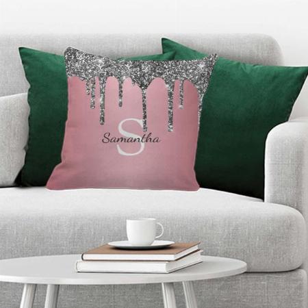 Silver Glitter Drips Rose Gold Pink Monogram Name Customized Photo Printed Cushion