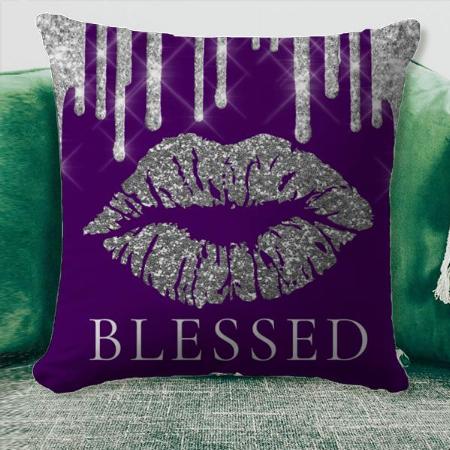 Kiss Lips Silver Grey Drips Glitter Purple Blessed Customized Photo Printed Cushion