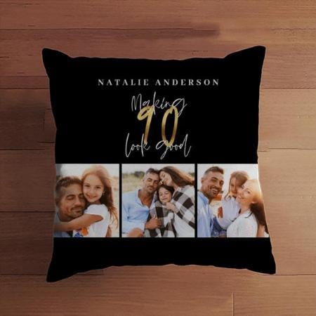 Photo collage Black and Gold 90th Birthday Customized Photo Printed Cushion
