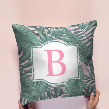 Tropical Green Palm Leaves Pink Monogram Customized Photo Printed Cushion