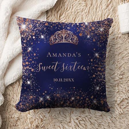 Sweet 16 Blue Rose Gold Tiara Name Customized Photo Printed Cushion