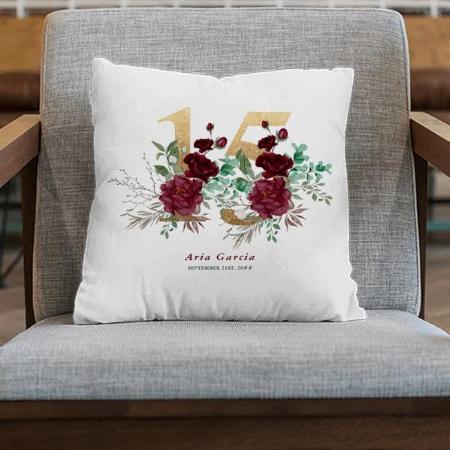 Red Rose Floral Gold Number 15 Customized Photo Printed Cushion
