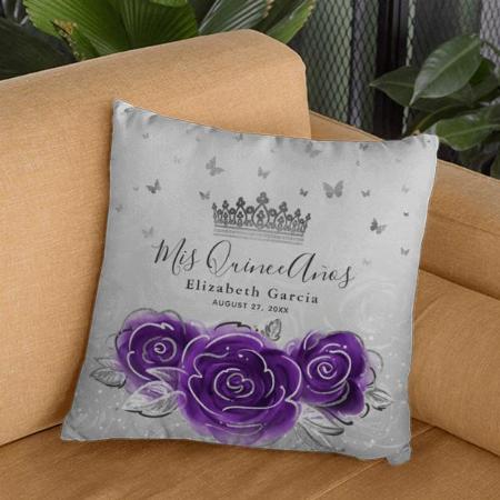 Silver and Purple Rose with Crown Design Customized Photo Printed Cushion