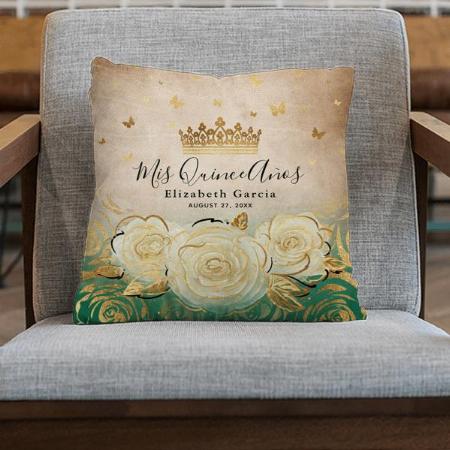 Elegant White Rose Gold Green with Crown Customized Photo Printed Cushion