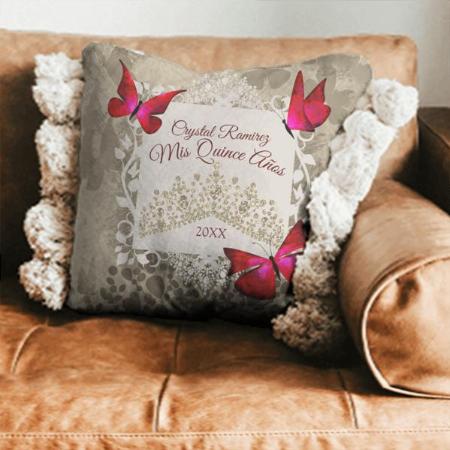 Red Butterflies, Taupe Tiara Customized Photo Printed Cushion