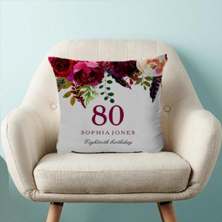 Floral 80th Birthday Customized Photo Printed Cushion