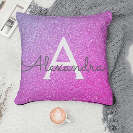 Purple Pink Sparkle Glitter Monogram Name Customized Photo Printed Cushion