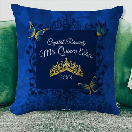 Blue Gold Butterfly Tiara Customized Photo Printed Cushion
