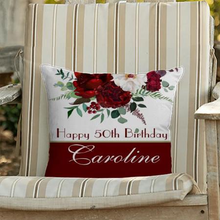 Happy 50th Birthday Red Roses Customized Photo Printed Cushion