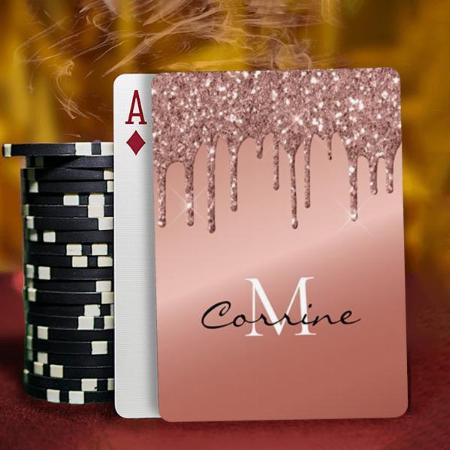 Monogram Rose Gold Metallic Dripping Glitter Customized Photo Printed Playing Cards