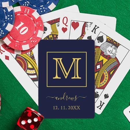 Navy Blue Gold Monogram Customized Photo Printed Playing Cards