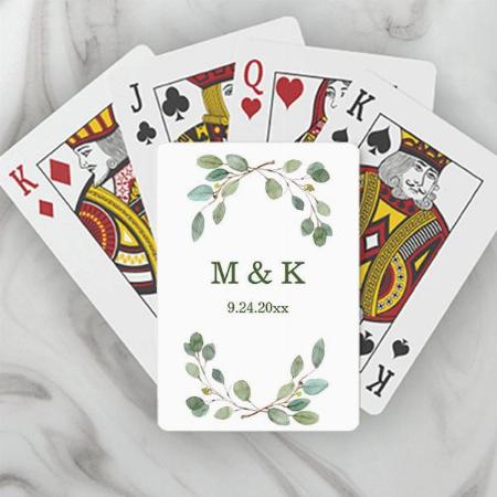 Simple Eucalyptus Greenery Monogram and Date Customized Photo Printed Playing Cards