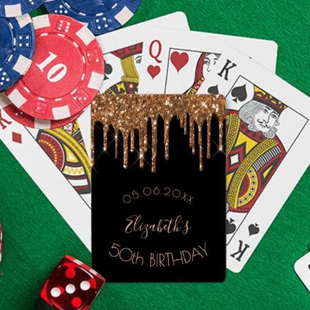 Birthday Party Black Gold Glitter Drips Monogram Customized Photo Printed Playing Cards
