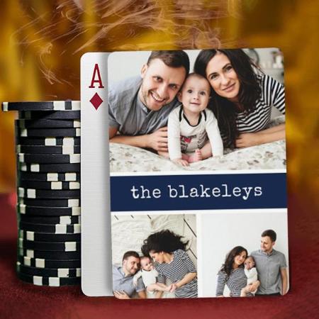 Navy Blue Family Name 3 Photo Collage Customized Photo Printed Playing Cards