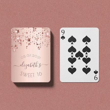 Sweet 16 Birthday Rose Gold Pink Glittery Stars Customized Photo Printed Playing Cards