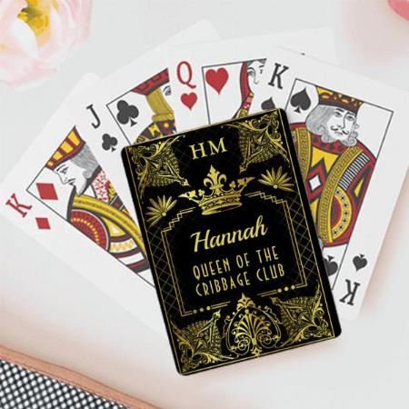 Queen or Custom Text Black Gold Monogram Crown Customized Photo Printed Playing Cards