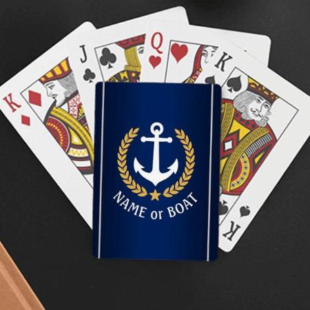 Boat Name Anchor Gold Laurel Rope Stripe Navy Blue Customized Photo Printed Playing Cards
