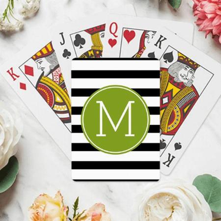 Black and White Striped Pattern Green Monogram Customized Photo Printed Playing Cards