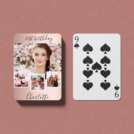 Rose Gold Blush Photo Collage Name Birthday Party Customized Photo Printed Playing Cards