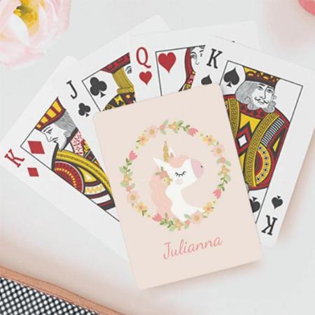Cute Unicorn Floral Wreath Blush Pink Customized Photo Printed Playing Cards
