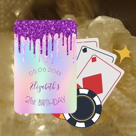 Birthday Glitter Drip Purple Holographic Monogram Customized Photo Printed Playing Cards