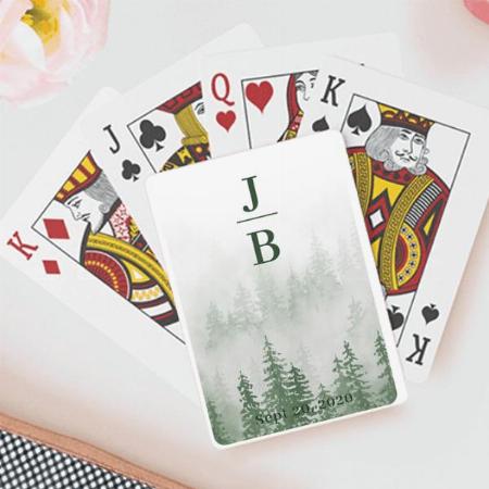 Couples Initials Evergreens in Fog Forest Green Design Customized Photo Printed Playing Cards