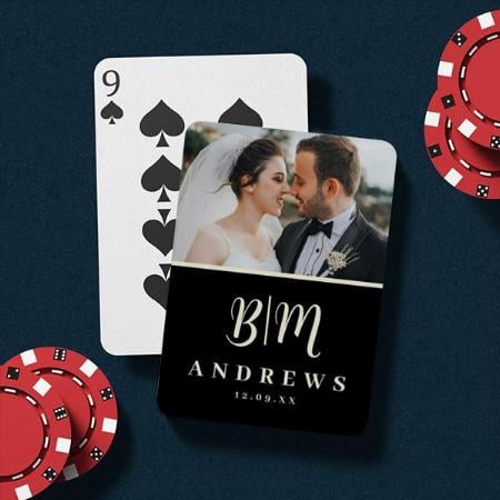 Monogrammed Black Biege Wedding Photo Customized Photo Printed Playing Cards