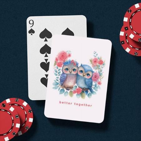 Owls in Love Sitting on a Tree Branch  Customized Photo Printed Playing Cards