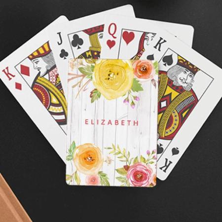 Floral Rustic Pink Yellow Watercolor, White Wood Customized Photo Printed Playing Cards