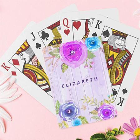Floral Rustic Blue Pink Watercolor on Purple Wood Customized Photo Printed Playing Cards